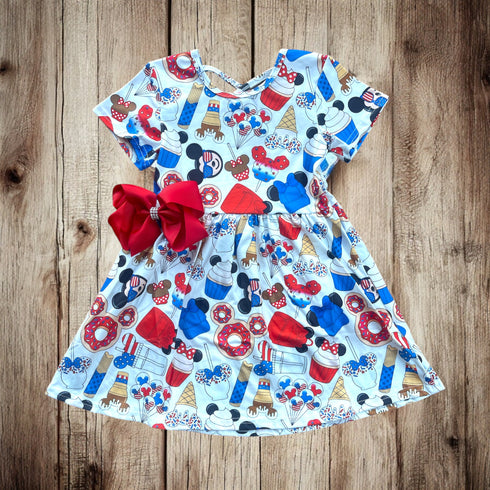 Girls Mouse Treats July 4th Dress with Matching Bow - Bowtism
